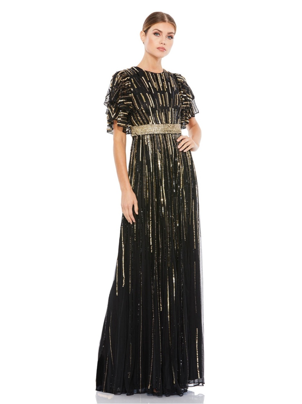 Mac Duggal New Embellished Flutter Sleeve Black Gold Gown Size 14